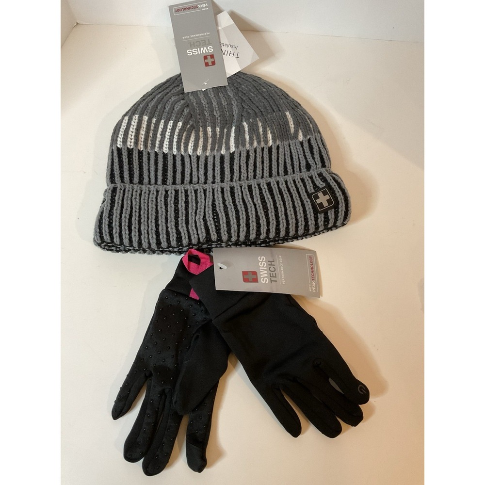 Swiss Tech Thinsulate Performance Grey and Black Hat Gloves Set Lot New Gift